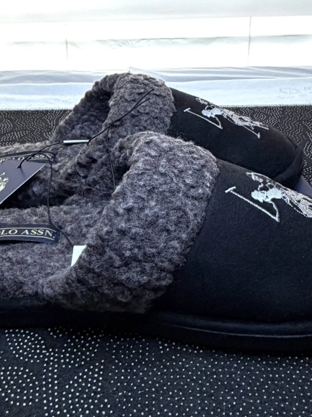 U.S. Polo Assn. Men’s Cozy Slip-On Slippers – Black/Gray Men's Size 9/10